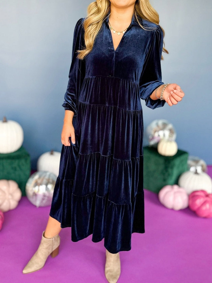 Velvet V-neck Multi-layer Ruffles Maxi Dresses