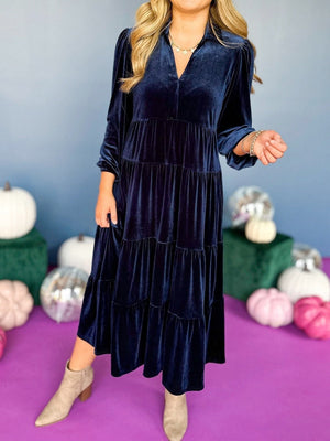 Velvet V-neck Multi-layer Ruffles Maxi Dresses