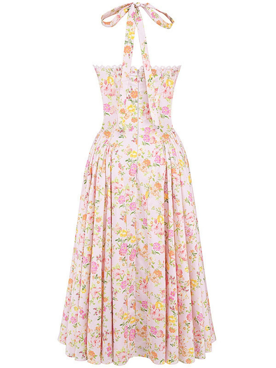 Lace Trim Floral Print Vacation Style Long Dress