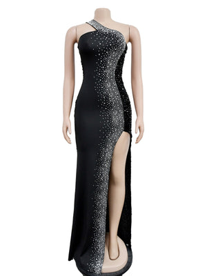 Abendkleid mit Strass- und Paillettenbesatz, hochgeschlitzt, einfarbig, Maxikleid