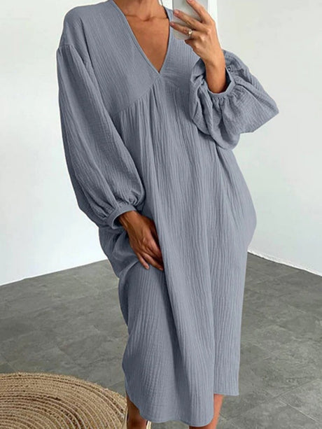 Cotton Blend Temperament V-neck Long Sleeve Loose-fit Home Vacation Mini&Short Dresses