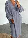 Cotton Blend Temperament V-neck Long Sleeve Loose-fit Home Vacation Mini&Short Dresses