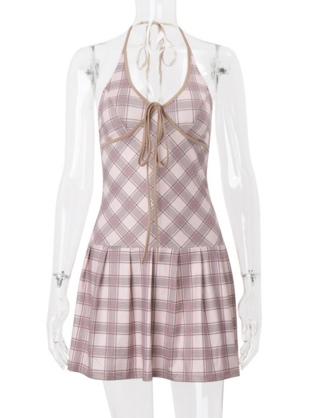 Plaid V-neck Tie Color-blocked Halter Neck Sweet Mini&Short Dresses