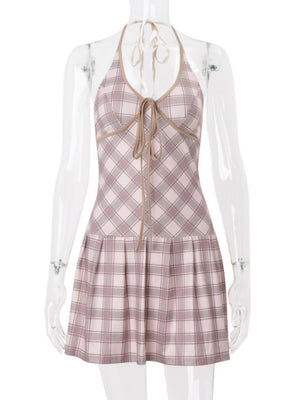 Plaid V-neck Tie Color-blocked Halter Neck Sweet Mini&Short Dresses