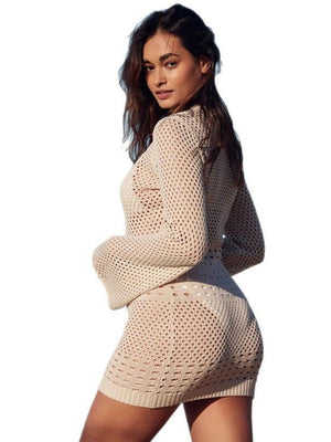 Hollow Knitting Hip-hugging Long Sleeve Sexy Cover Ups