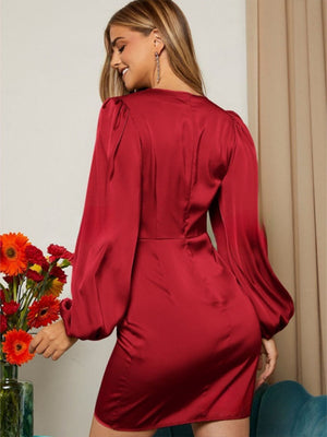 Cross V-neck Satin Long Sleeve Dress