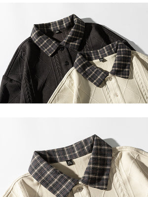 Knitted Jacquard Contrasting Colors Plaid Lapel Polo Shirt