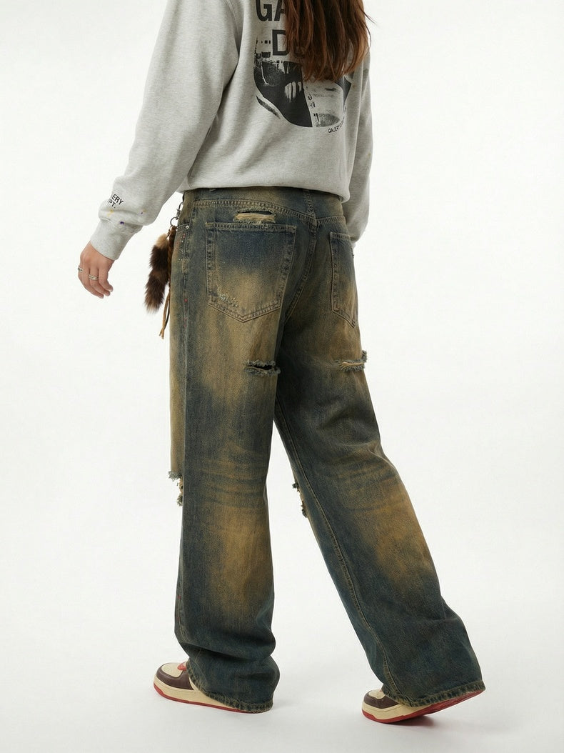 Retro Dirty Hole Red Diamond Distressed Jeans