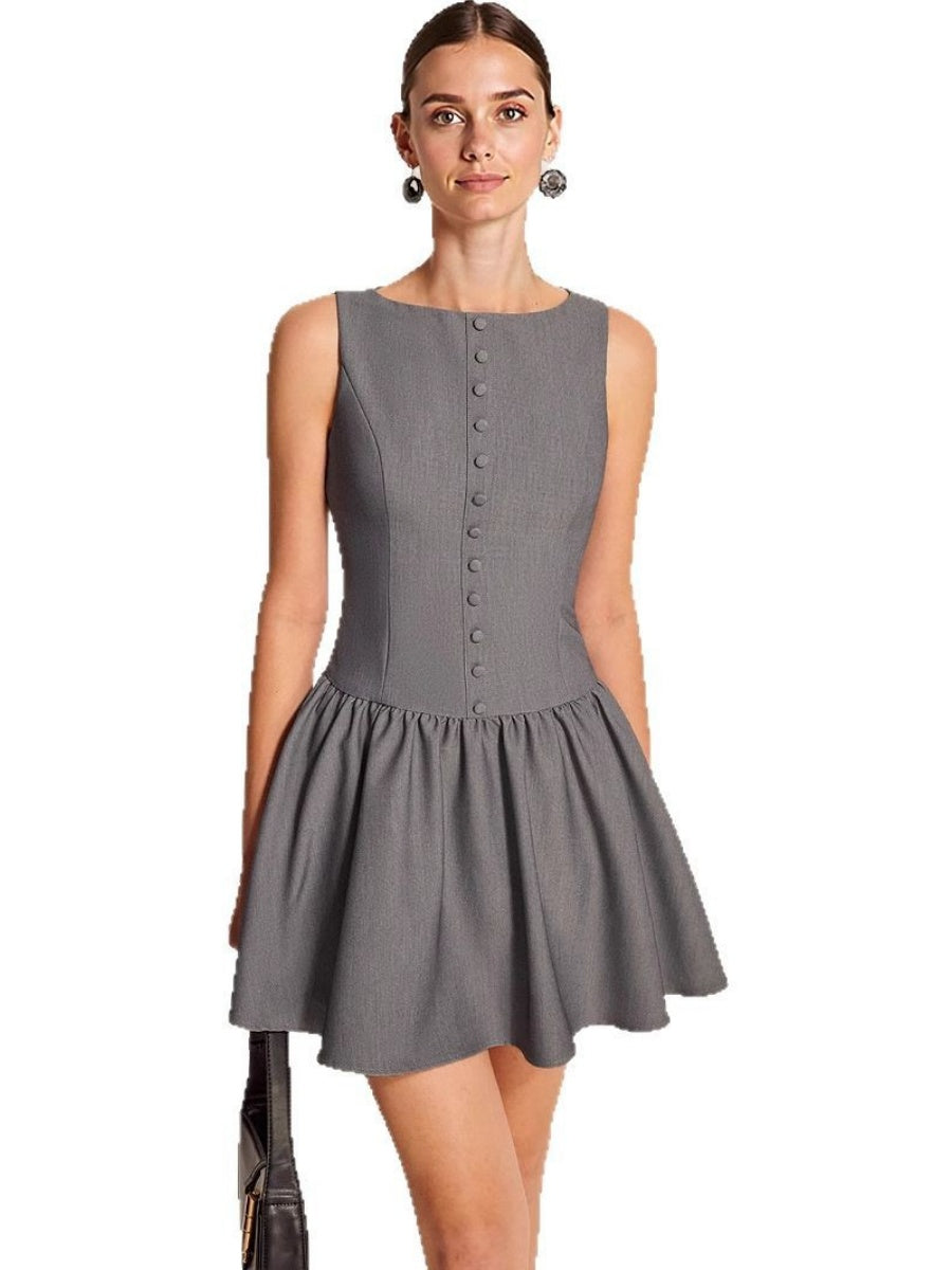 Sleeveless Buttons A-line Skirt Ruffle Mini&Short Dresses