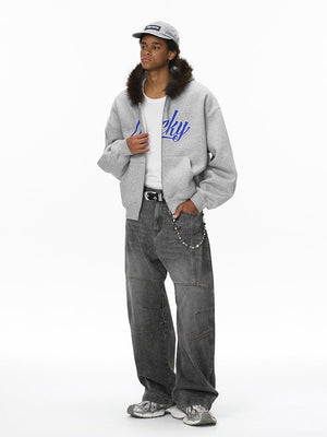 Hooded Embroidery Plush Collar Boxy Short Coat