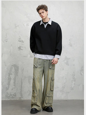 Design Fake Two Pieces Stripes Sports Casual Sweatshirts