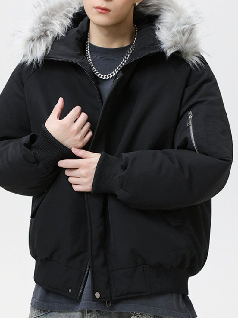 Thickening Keep Warm Fur Collar Black Short Parker Coat