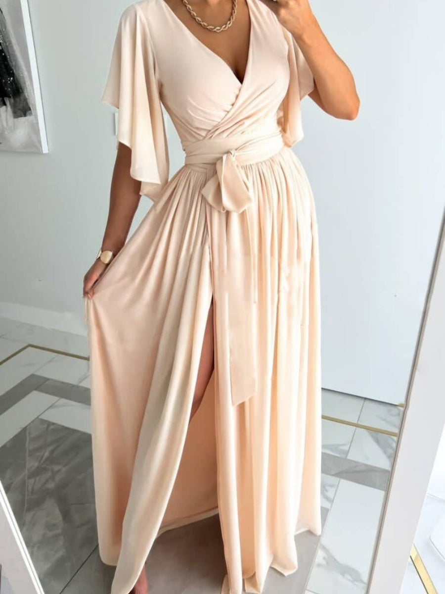 Tie-up Ruffle Sleeves V-neck Slit Elegant Cocktail Party Long Evening Dress