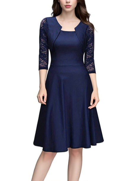 Christmas Square Collar Full Skirt Retro Floral Lace Midi Dresses