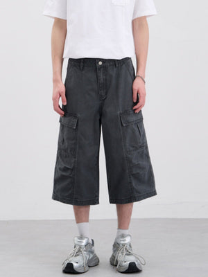 Washed Pleated Multiple Pockets Tooling Baggy 7 Points Shorts