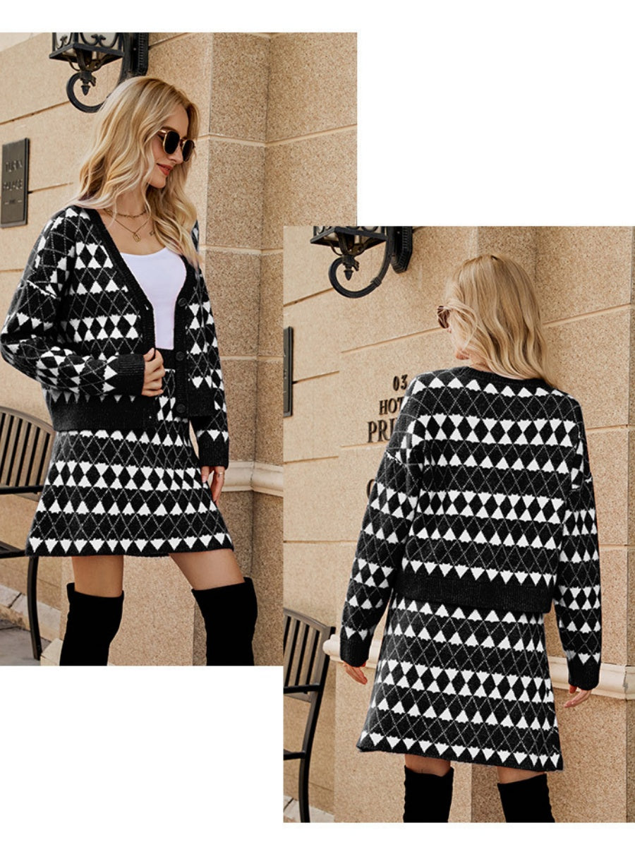 Liber Spring Women's Contrasting colors Diamond Two-piece suit V-neck cardigan A-line skirt Long sleeve