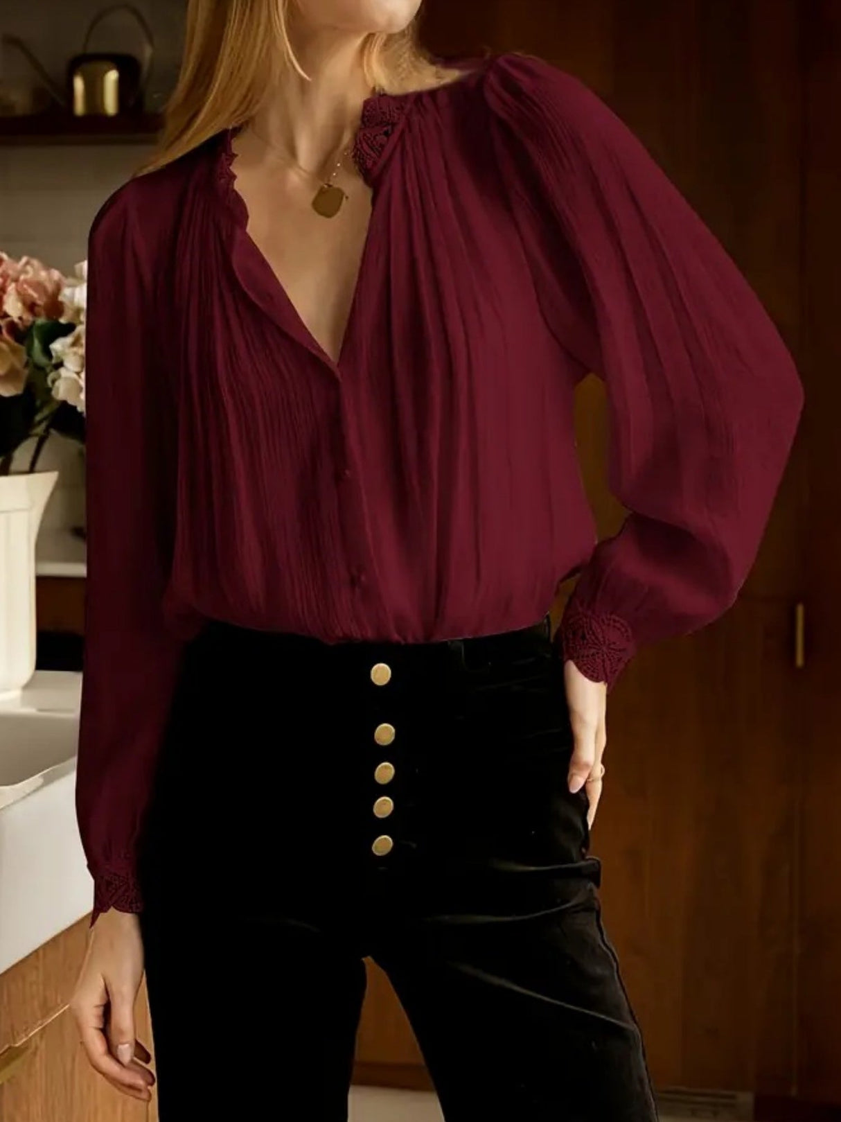 Splicing Lace Trim Commuting Shirts