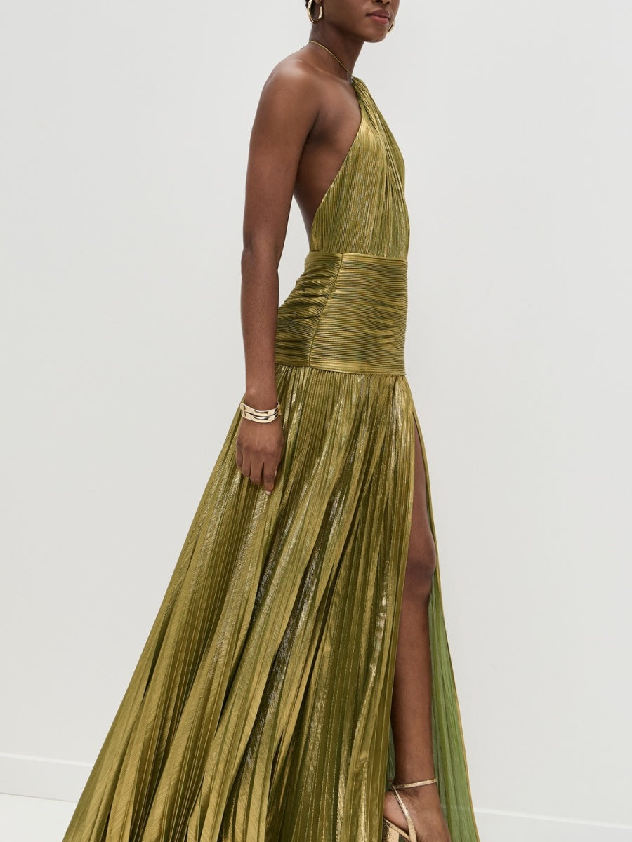 Metallic Halter Neck Style Crimp Slit Thin Strap Sleeveless Backless Cocktail Party Parties Formal Dress Long Dress