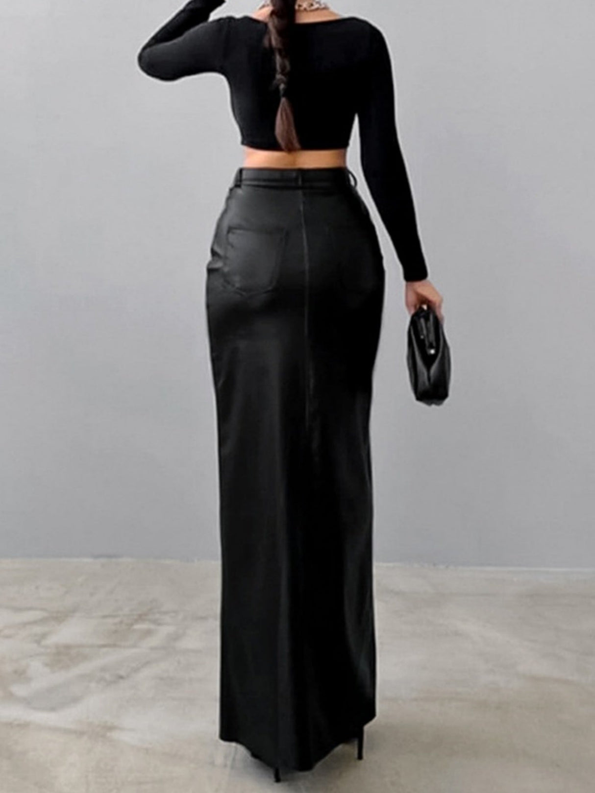 Leather Stitching High-waisted Slim Fit Hip Body Slit Long Skirts