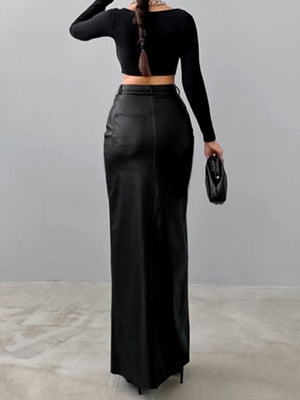 Leather Stitching High-waisted Slim Fit Hip Body Slit Long Skirts