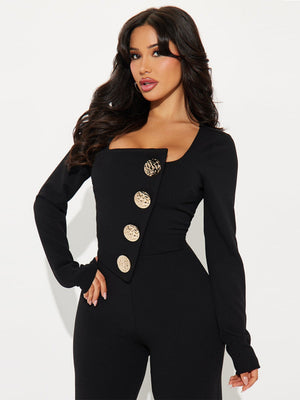 Metal Buttons U-neck Long Sleeve Jumpsuits