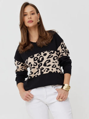Liber Autumn women's leopard print clothing Raglan sleeve paneled pullover sweater