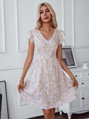 Printed Lace-up Backless V-neck Ruffled Sleeves Mini&Short Dresses