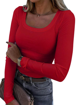 Threaded Groove Trimming Long Sleeve U-neck Base T-shirts