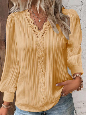 Lace Trim V-neck Long Sleeve Shirt T-shirts