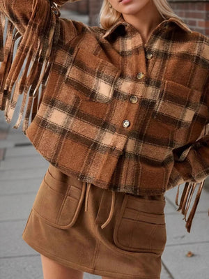 Liber Autumn women's plaid button tassel pocket short patchwork jacket