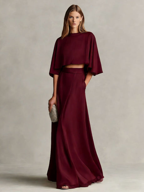 Satin Shawl-Sleeve Long Dress Two-Piece Set