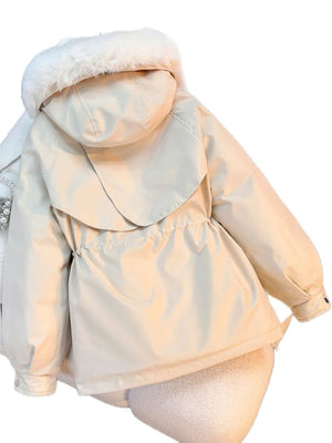 Parka With Fur Collar Drawstring Waist Pocket Casual Cotton-padded Jackets/down Jackets