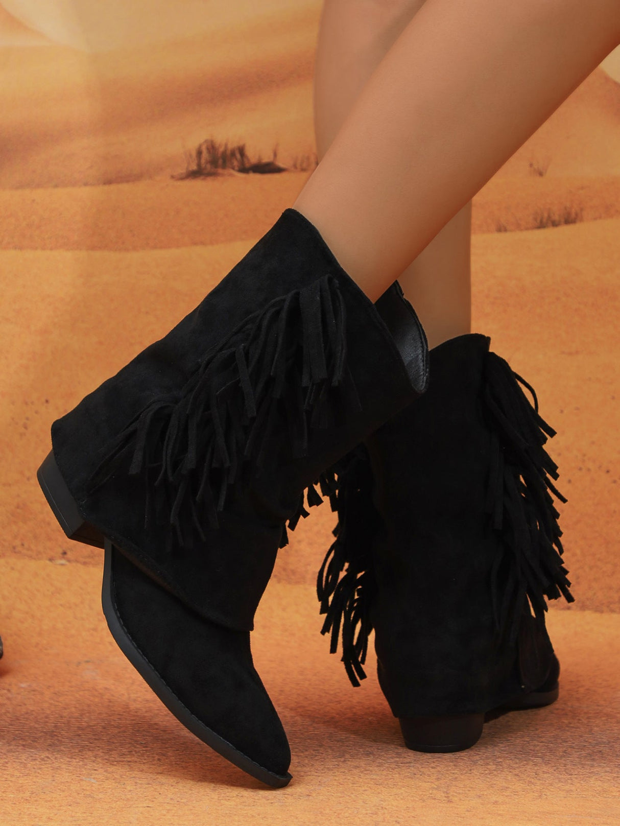 Tasseled Pleated Suede Western Women's Ankle Boots