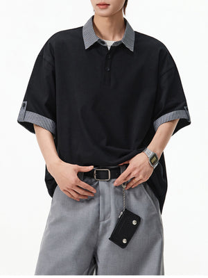 Color-blocked Layered-look Stripes Patchwork Polo Shirt
