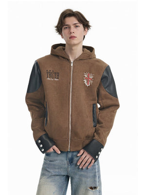 Vibe Leather Armor Splicing Deconstruction Hooded Zipper Jacket