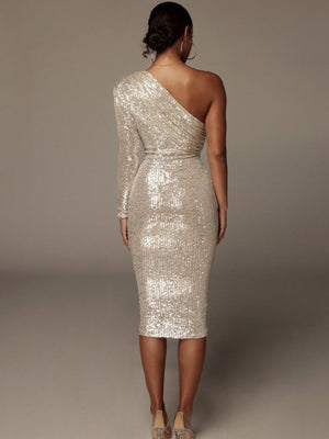 One Shoulder Bandeau Sequins Mini&Short Dresses