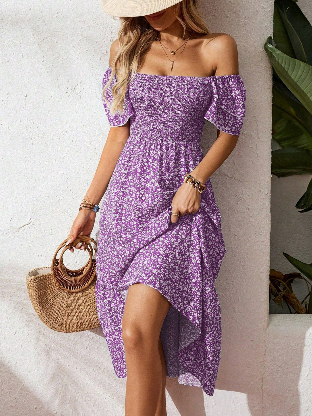 Floral Print Square Neckline And Puff Sleeves Maxi Dresses
