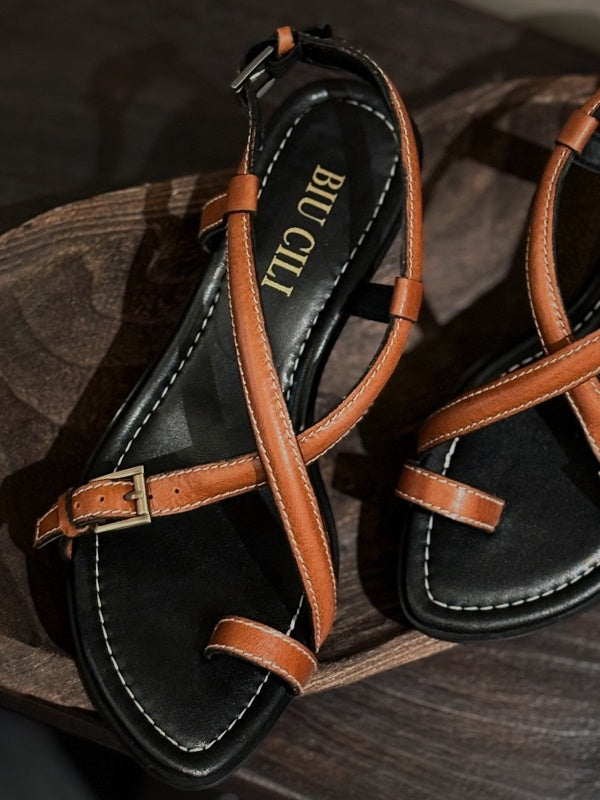 BIUCILI "Wu Qianyu's Style" Original Design French Resort Woven Open-Toe Mid-Heel Flip-Flops For Women