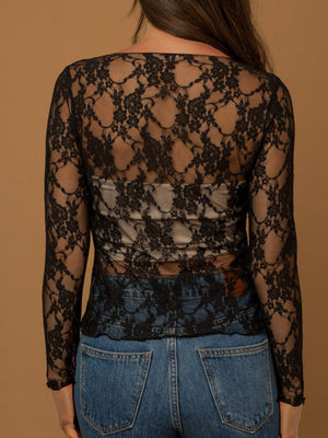 Lace See-through Sexy Mesh Off-the-shoulder Neckline Long-sleeved Top