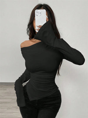 V-neck, Off-shoulder, Two-way Design, Slim Fit, Pleated, Irregular Long-sleeved T-shirt