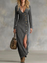 Long-sleeved V-neck Split Solid Color Denim Maxi Dress
