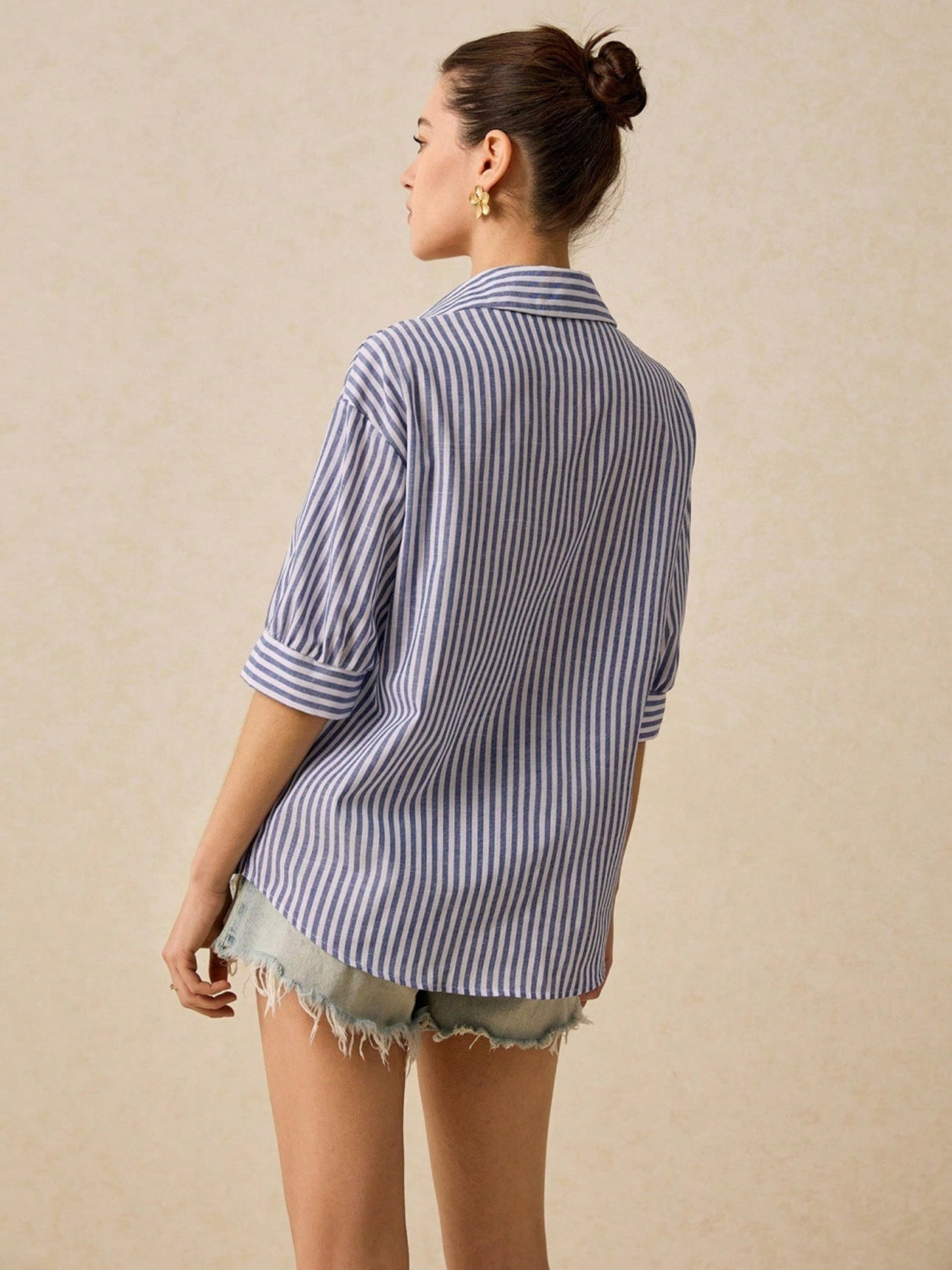 Stripes Lapel Grace Mid-length Sleeves Shirts