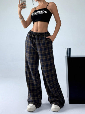 Plaid Lace-up Elastic Waist Straight-leg Pants Casual Christmas Everyday Pants