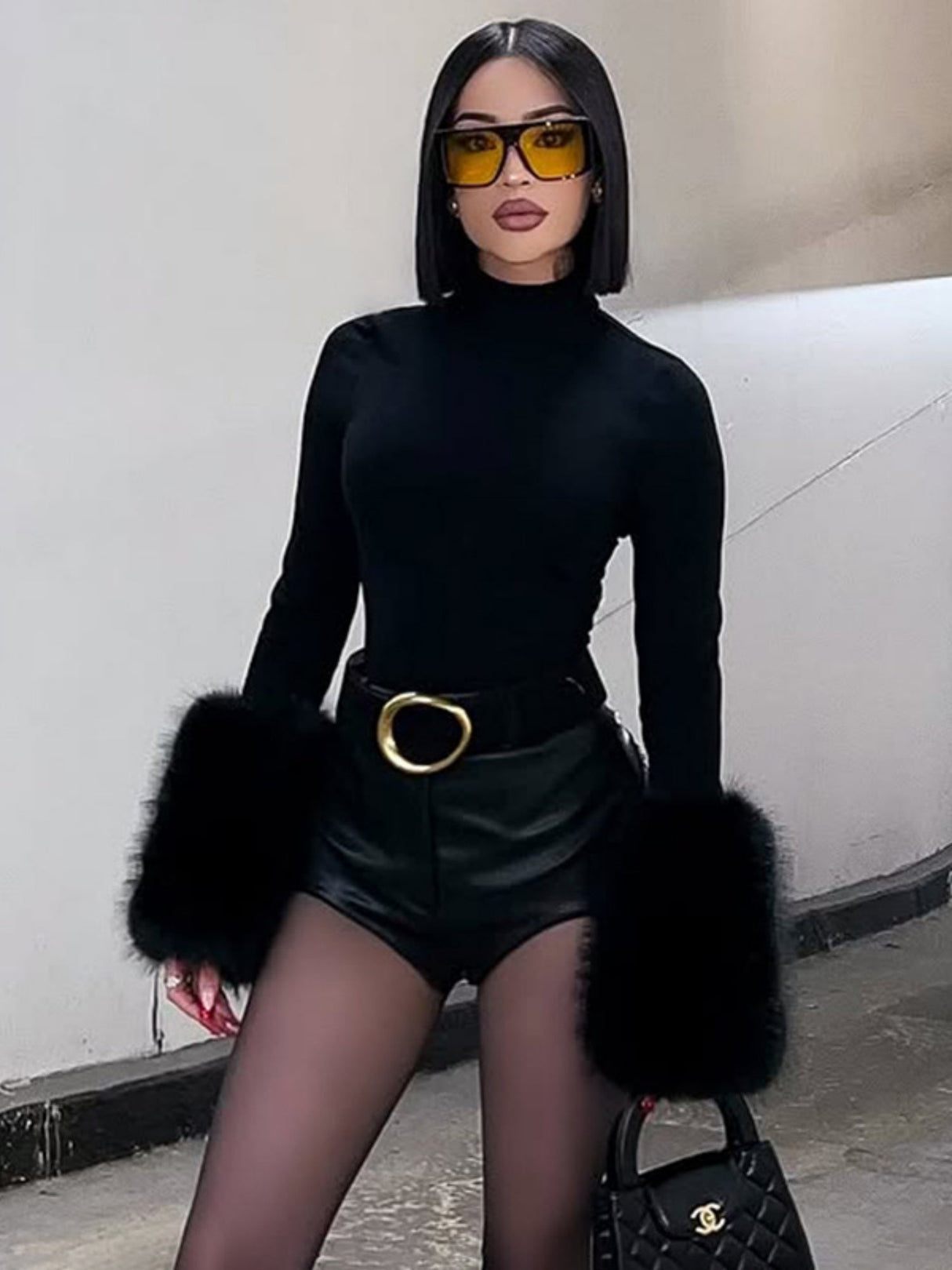 Fur Trim On Cuffs Solid Color Bodysuit