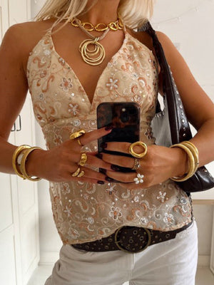 Embroidered Sequins Color Matching Strappy Backless Sweet Tank Tops&Camis