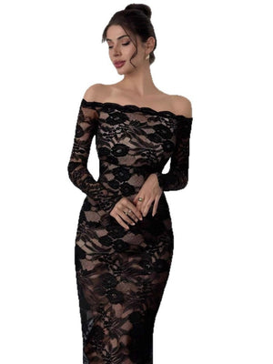 Liber Spring Women's Lace Geometric Patterns Maxi Dresses