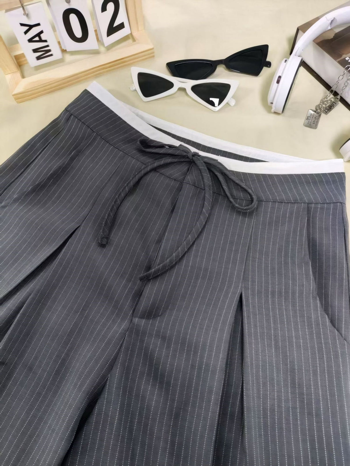 Striped Bow Tie Wide-leg Pants Casual High-waist Straight Gray High-end Summer Suit Trousers