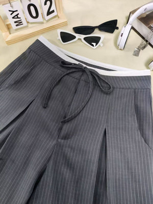 Striped Bow Tie Wide-leg Pants Casual High-waist Straight Gray High-end Summer Suit Trousers