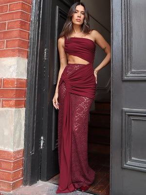 Hollowed-out Lace Asymmetrical Neckline Long Dress With Ribbon
