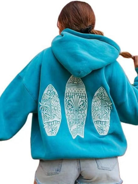 Printed Raglan Sleeves Thread Hawaii Hibiscus Hoodie